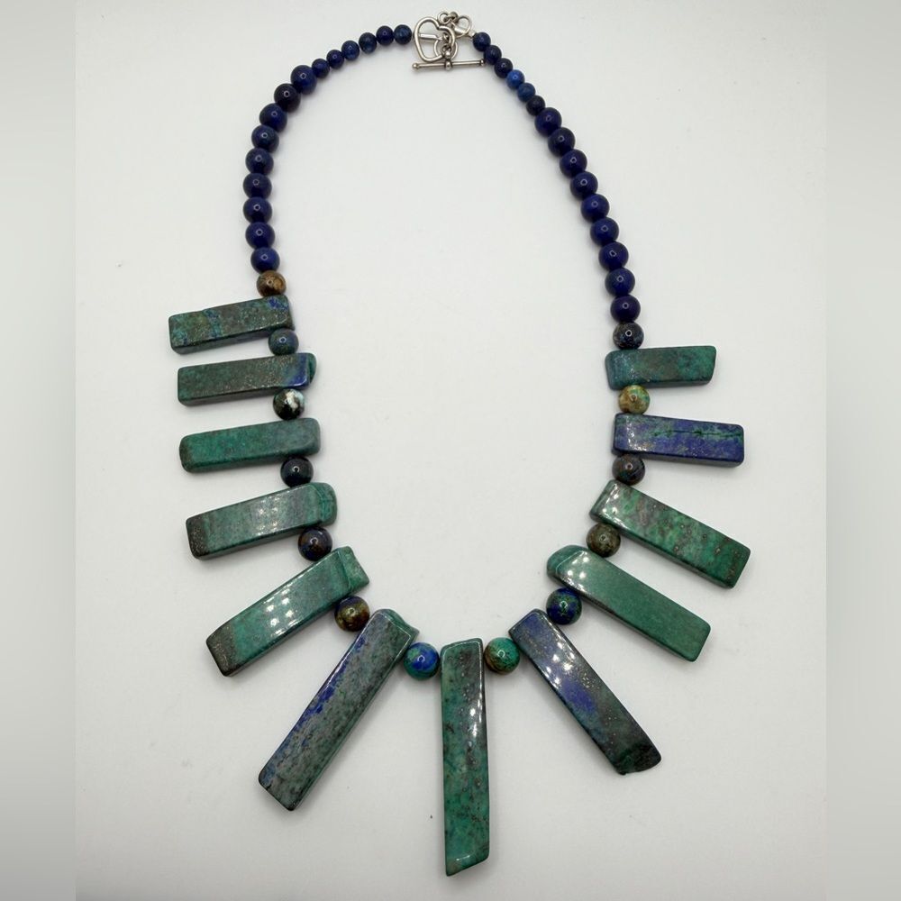 18" Revived Azurite, lapis lazuli beaded bib necklace w/ 925 heart toggle clasp!
